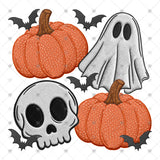 Transfer 002394 - Pumpkins Ghost and Skull Faux Embroidery