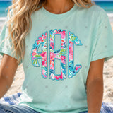 Custom Transfer 0014 - Teal Summertime Floral Faux Embroidery Monogram